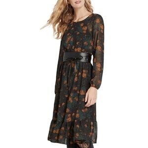ModCloth Black & Orange Floral Chiffon Long Sleeve Midi Dress